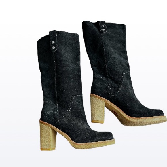 UGG JOSIE TALL BOOTS BLACK SUEDE HEELS ADULT SIZE 8 - Picture 3 of 7